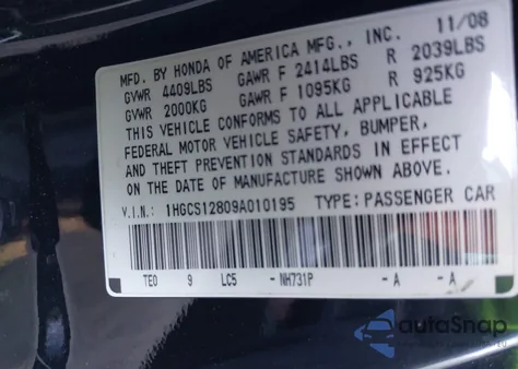 2009 Honda Accord 2.4 Ex-L z USA, uszkodzony, nr VIN 1HGCS12809A010195